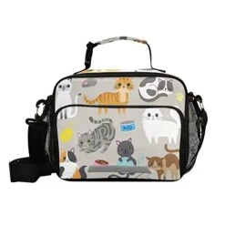 Eionryn Cute Kitty Cat With Cat Breeds Toys And Food Lunch Bags Lovely Cat Kitchen Lunch Box Insulated Cooler Bag Reusable Tote Shoulder Bag For Outdoor Picnic Meal Office
