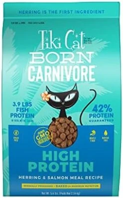 Tiki Cat Born Carnivore High Protein, Herring & Salmon Meal, Grain-Free Baked Kibble To Maximize Nutrients, Dry Cat Food, 2.8 Lbs. Bag -Greenies Pet Store 416o6kDNOL. AC