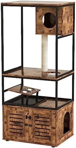 Lamerge Large Cat Litter Box Furniture, Cat Tree Tower With Scratching Post And Cat House Condo, Wooden Cat Cabinet With Doors And Cat Feeding Bowl, Rustic Brown -Greenies Pet Store 418CtyFCMdL. AC