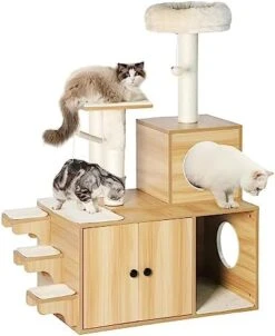 YITAHOME Litter Box Enlcosure With Cat Tree, 4-in-1 Modern Cat Tree With Cat Mat, Indoor Wooden Cat House Separable Litter Box Furniture Hidden End Table For 3-4 Large Cats -Greenies Pet Store 418unn5K8eL. AC