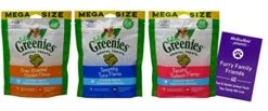 Feline Greenies Dental Crunchy Treats For Cats 3 Flavor Mega Variety Pack | (1 Each): Oven Roasted Chicken, Tempting Tuna, Savory Salmon (4.6 Ounces) | Plus Fun Animal Facts Booklet Bundle