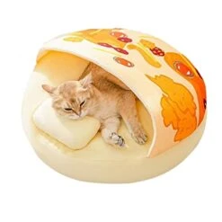 GENERIC Semi-Enclosed Cat Bed - Lovely Round Food Print Kennel Cat Bed Mat Cushion Bed House Kitten Cute Cat Soft Cave Bed For Dog Cat Pet Supply Home Décor