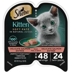 SHEBA PERFECT PORTIONS Kitten Paté Wet Cat Food Trays (24 Count, 48 Servings), Delicate Salmon Entrée, Easy Peel Twin-Pack Trays