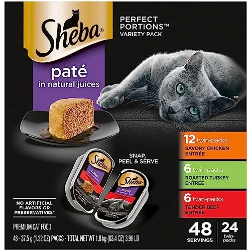 SHEBA PERFECT PORTIONS Paté Adult Wet Cat Food Trays (24 Count, 48 Servings), Savory Chicken, Roasted Turkey, And Tender Beef Entrée, Easy Peel Twin-Pack Trays 3 SHEBA PERFECT PORTIONS Paté Adult Wet Cat Food Trays (24 Count, 48 Servings), Savory Chicken, Roasted Turkey, And Tender Beef Entrée, Easy Peel Twin-Pack Trays