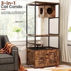 Lamerge Large Cat Litter Box Furniture, Cat Tree Tower With Scratching Post And Cat House Condo, Wooden Cat Cabinet With Doors And Cat Feeding Bowl, Rustic Brown -Greenies Pet Store 519PU3Rw7dL
