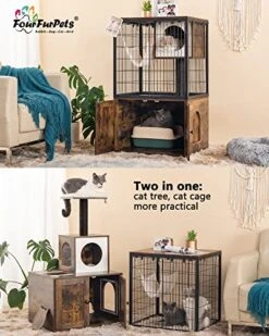 Fourfurpets Cat Litter Box Enclosure, Cat Trees, Wire Cat Cages, All-in-one, Removable And Washable Cushion, Hammock, Natural Sisal Posts, Anti-tip, Height-Adjustable, Rustic Brown -Greenies Pet Store 51BRhRhawxL