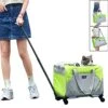 H.S.C PET Light Green Soft Cat Carrier For Pet,Detachable Rolling Carrier With Wheels For Small Animal Like Bunny Kittens Puppy,for Traveling/Hiking/Camping (with Drawbar) -Greenies Pet Store 51JYS5U40sL