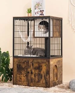 Fourfurpets Cat Litter Box Enclosure, Cat Trees, Wire Cat Cages, All-in-one, Removable And Washable Cushion, Hammock, Natural Sisal Posts, Anti-tip, Height-Adjustable, Rustic Brown