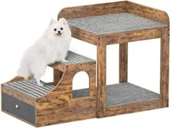 Cyclysio Pet Window Perch With Stairs, Super Large Pet Bunk Bed For Cats, Multi-Level Pet Seat Platform With Mats, Pet Bed Couch With Drawers For Bedside, Home, Indoor Use, Large Size, Rustic