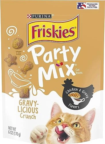 Purina Friskies Party Mix Cat Treats, Gravy-Licious Crunch With Chicken & Gravy Flavors, Crunchy Cat Treats For Adult Cats, 6 Ounce Resealable Pouch (8) 3 Purina Friskies Party Mix Cat Treats, Gravy-Licious Crunch With Chicken & Gravy Flavors, Crunchy Cat Treats For Adult Cats, 6 Ounce Resealable Pouch (8)