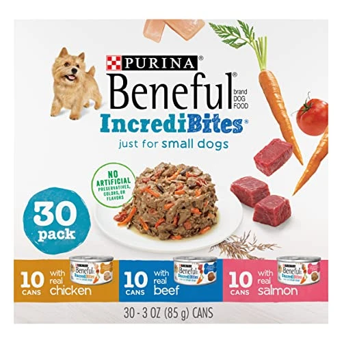 Purina Beneful Small Breed Wet Dog Food Variety Pack, IncrediBites With Real Beef, Chicken Or Salmon - (30) 3 Oz. Cans 3 Purina Beneful Small Breed Wet Dog Food Variety Pack, IncrediBites With Real Beef, Chicken Or Salmon - (30) 3 Oz. Cans
