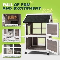 Bigrab Outdoor Large Cat House Weatherproof, Outside Feral Cat Shelter With Escape Door, Insulated Wooden Cat Condos With Window, (Two Storey Grey - For 2-3 Cats Or Small Animals) -Greenies Pet Store 51ciESBTmCL