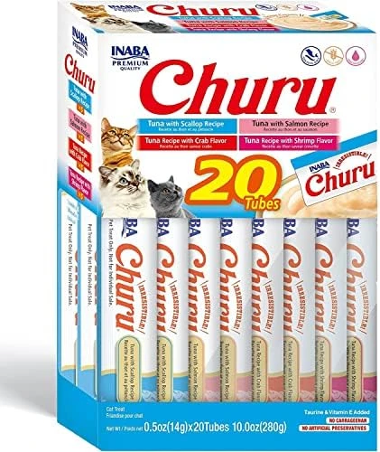 INABA Churu Cat Treats, Grain-Free, Lickable, Squeezable Creamy Purée Cat Treat/Topper With Vitamin E & Taurine, 0.5 Ounces Each Tube, 20 Tubes, Tuna & Seafood Variety Box 7 INABA Churu Cat Treats, Grain-Free, Lickable, Squeezable Creamy Purée Cat Treat/Topper With Vitamin E & Taurine, 0.5 Ounces Each Tube, 20 Tubes, Tuna & Seafood Variety Box - Image 5