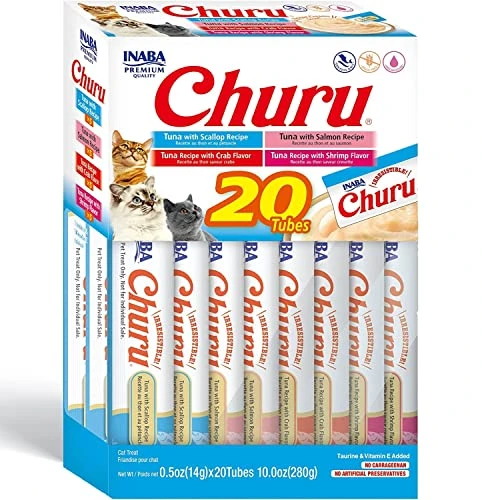INABA Churu Cat Treats, Grain-Free, Lickable, Squeezable Creamy Purée Cat Treat/Topper With Vitamin E & Taurine, 0.5 Ounces Each Tube, 20 Tubes, Tuna & Seafood Variety Box 3 INABA Churu Cat Treats, Grain-Free, Lickable, Squeezable Creamy Purée Cat Treat/Topper With Vitamin E & Taurine, 0.5 Ounces Each Tube, 20 Tubes, Tuna & Seafood Variety Box