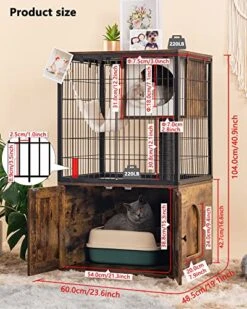 Fourfurpets Cat Litter Box Enclosure, Cat Trees, Wire Cat Cages, All-in-one, Removable And Washable Cushion, Hammock, Natural Sisal Posts, Anti-tip, Height-Adjustable, Rustic Brown -Greenies Pet Store 51oVWad6gbL