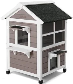 Bigrab Outdoor Large Cat House Weatherproof, Outside Feral Cat Shelter With Escape Door, Insulated Wooden Cat Condos With Window, (Two Storey Grey - For 2-3 Cats Or Small Animals) -Greenies Pet Store 51qbFmdBNL. AC