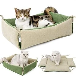 JENPECH 2 In 1 Double-Sided Cat And Dog Cushion Bed For Indoor Cat Dog - Winter Foldable Pet House Soft Warm Sleep Mat Cat Supplies Green 18.11" X 14.96" X 4.72"