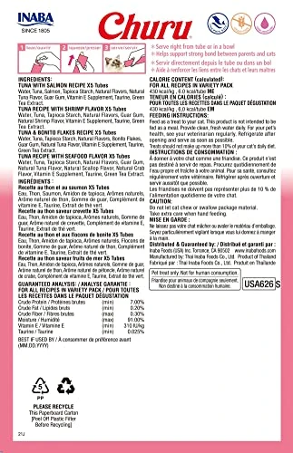 INABA Churu Cat Treats, Grain-Free, Lickable, Squeezable Creamy Purée Cat Treat/Topper With Vitamin E & Taurine, 0.5 Ounces Each Tube, 20 Tubes, Seafood Variety Box 3 INABA Churu Cat Treats, Grain-Free, Lickable, Squeezable Creamy Purée Cat Treat/Topper With Vitamin E & Taurine, 0.5 Ounces Each Tube, 20 Tubes, Seafood Variety Box