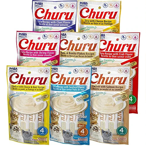 INABA Churu Cat Treats, Grain-Free, Lickable, Squeezable Creamy Purée Cat Treat/Topper With Vitamin E & Taurine, 0.5 Ounces Each Tube, 32 Tubes (4 Per Pack), 8 Flavor Variety 3 INABA Churu Cat Treats, Grain-Free, Lickable, Squeezable Creamy Purée Cat Treat/Topper With Vitamin E & Taurine, 0.5 Ounces Each Tube, 32 Tubes (4 Per Pack), 8 Flavor Variety