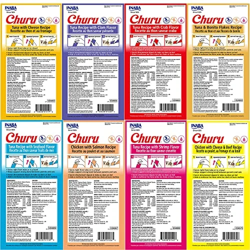 INABA Churu Cat Treats, Grain-Free, Lickable, Squeezable Creamy Purée Cat Treat/Topper With Vitamin E & Taurine, 0.5 Ounces Each Tube, 32 Tubes (4 Per Pack), 8 Flavor Variety 5 INABA Churu Cat Treats, Grain-Free, Lickable, Squeezable Creamy Purée Cat Treat/Topper With Vitamin E & Taurine, 0.5 Ounces Each Tube, 32 Tubes (4 Per Pack), 8 Flavor Variety - Image 3