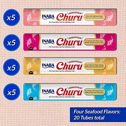 INABA Churu Cat Treats, Grain-Free, Lickable, Squeezable Creamy Purée Cat Treat/Topper With Vitamin E & Taurine, 0.5 Ounces Each Tube, 20 Tubes, Seafood Variety Box 4 INABA Churu Cat Treats, Grain-Free, Lickable, Squeezable Creamy Purée Cat Treat/Topper With Vitamin E & Taurine, 0.5 Ounces Each Tube, 20 Tubes, Seafood Variety Box - Image 2